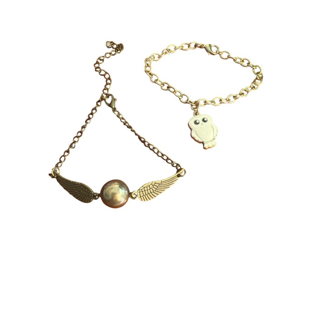2 Harry Potter Bracelets Antique Gold Tone Hedwig Owl Charm Golden Snitch